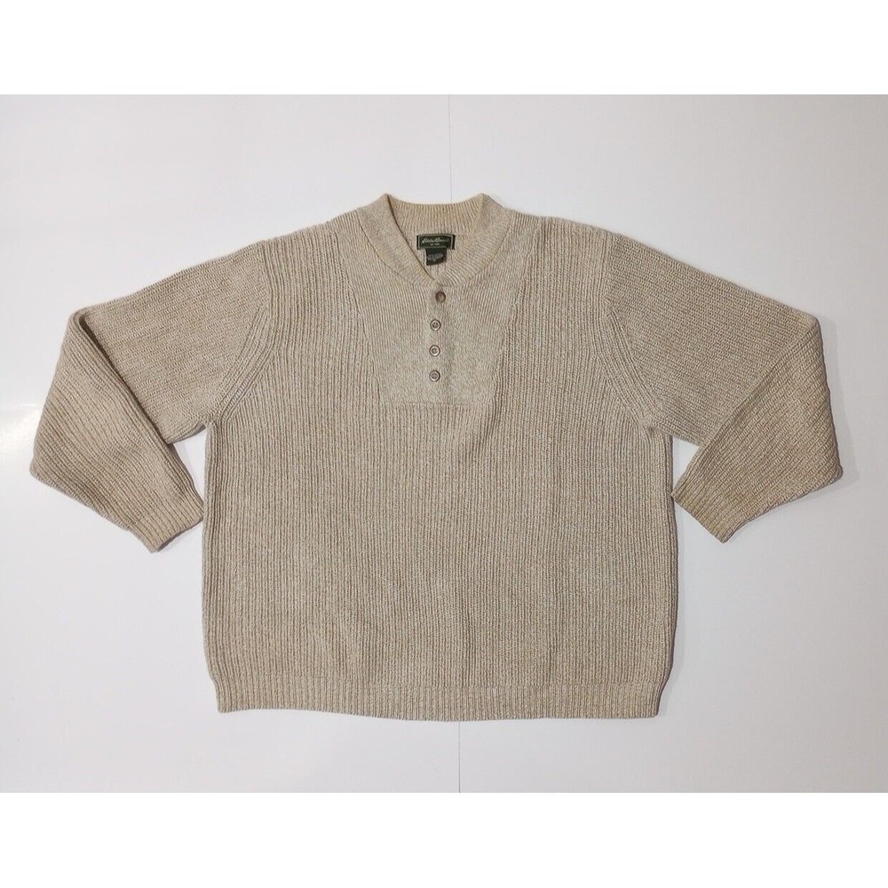 Vintage 90s Eddie Bauer Mens XL Ribbed Knit Henley Sweater Oatmeal Brown USA